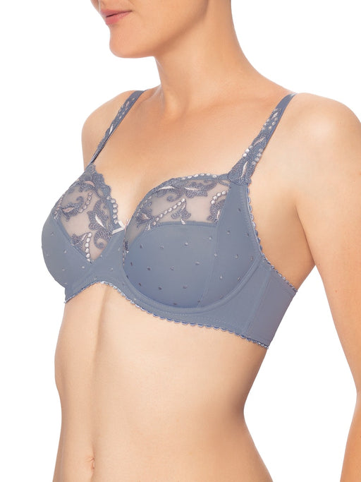 Conturelle Secret Delight Bra in Nordic blue with sheer lace cups, floral embroidery, and underwire support for full figure elegance and comfort.