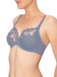 Conturelle Secret Delight Bra in Nordic blue with sheer lace cups, floral embroidery, and underwire support for full figure elegance and comfort.