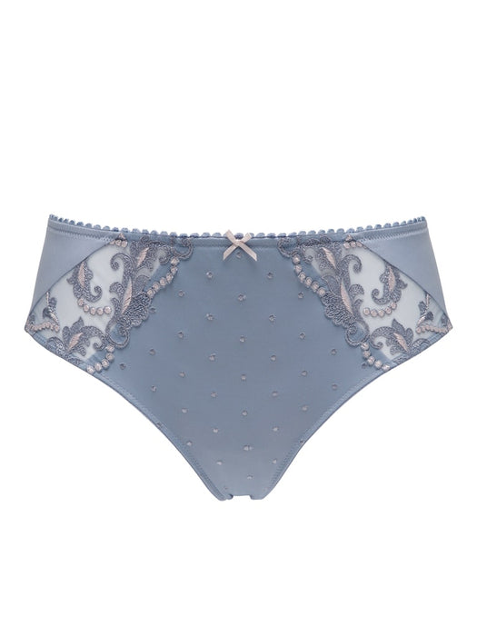 Conturelle Lace Panty - Secret Delight in blue with sheer floral embroidery and laser-cut back, ideal for discreet wear under tight outfits.