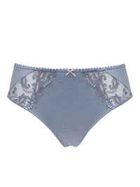 Conturelle Lace Panty - Secret Delight in blue with sheer floral embroidery and laser-cut back, ideal for discreet wear under tight outfits.