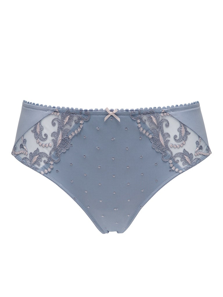 Conturelle Lace Panty - Secret Delight in blue with sheer floral embroidery and laser-cut back, ideal for discreet wear under tight outfits.