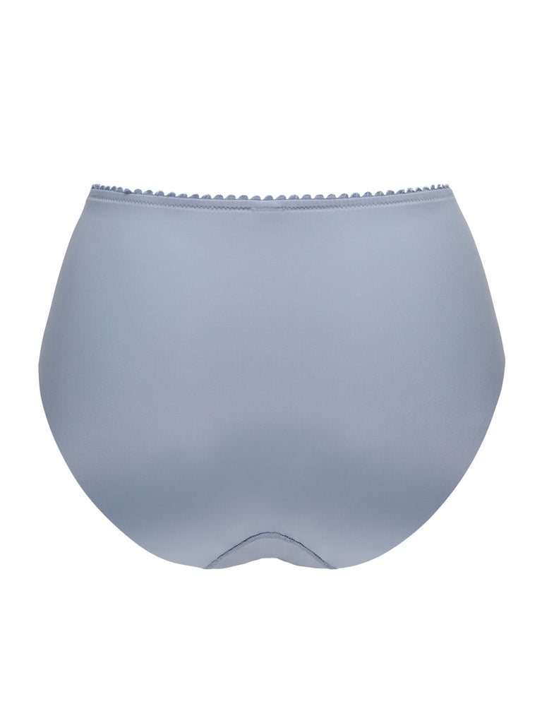 Back view of Conturelle Secret Delight Panty in Nordic Blue with seamless laser-cut edges for invisible wear under clothing. Sheer lace detail adds elegance.
