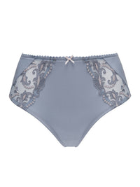 Conturelle Secret Delight Panty in Nordic Blue with sheer lace panels and laser-cut edges for a seamless fit. Elegant high-rise bikini brief style.