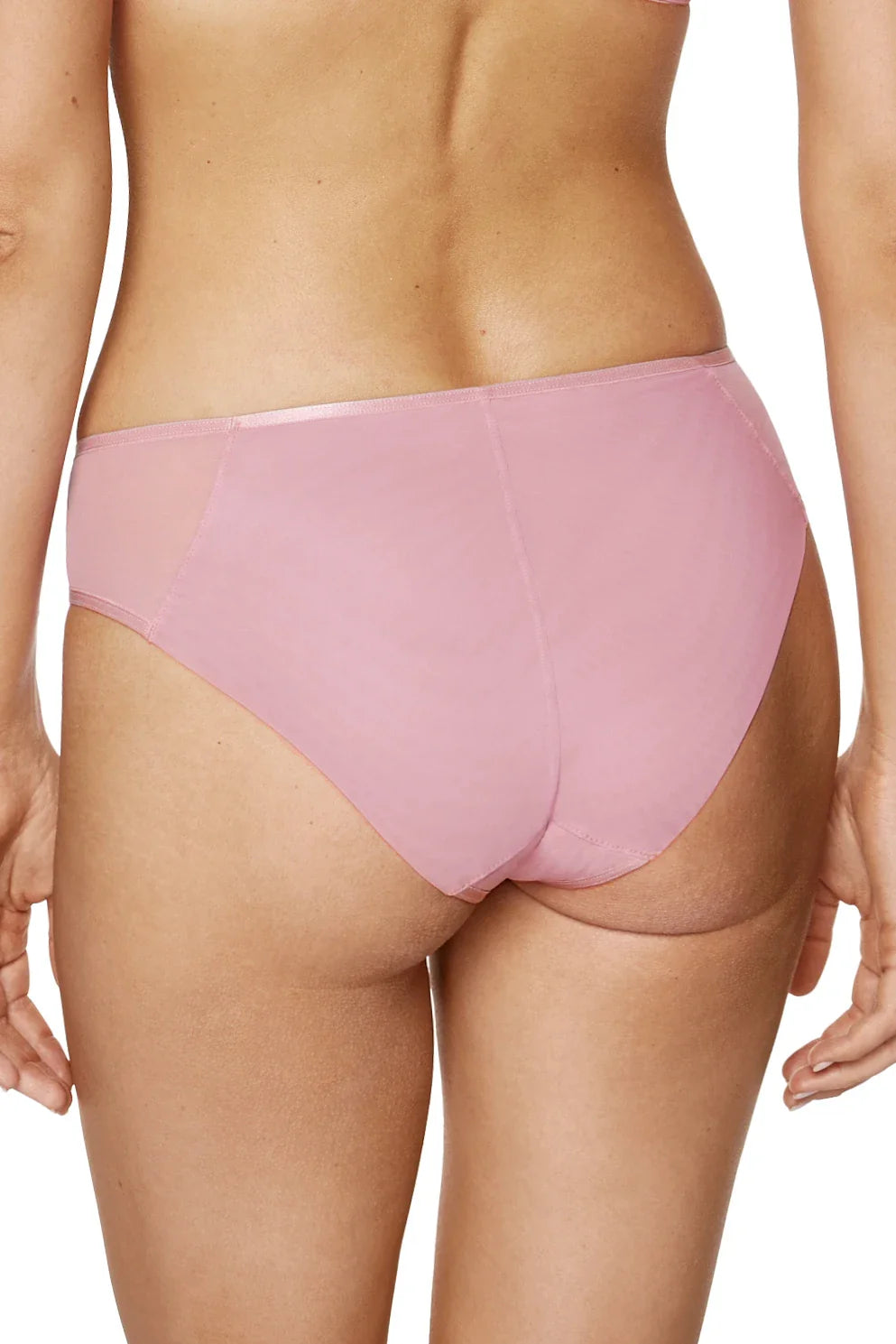 Back view of Gorteks Bloom Floral Embroidery Bikini Panty in soft pink mesh. Seamless design offers smooth coverage and a flattering silhouette.