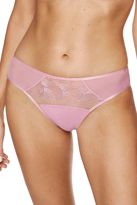 Front view of Floral Embroidery Bikini Panty Gorteks Bloom in pink with sheer mesh and delicate floral embroidery. Low-rise fit for everyday comfort.