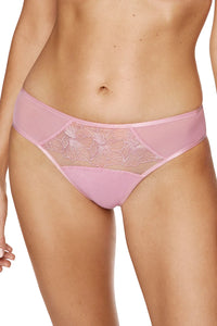 Front view of Floral Embroidery Bikini Panty Gorteks Bloom in pink with sheer mesh and delicate floral embroidery. Low-rise fit for everyday comfort.