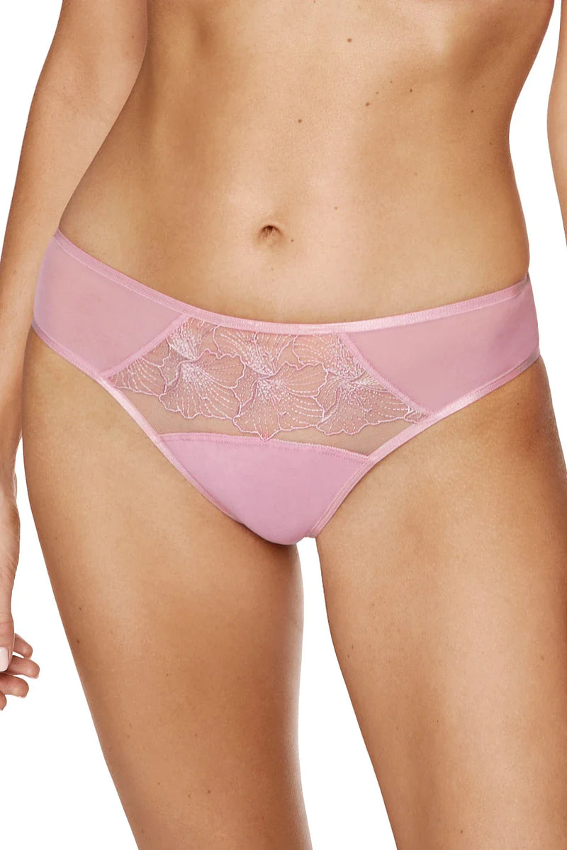 Front view of Floral Embroidery Bikini Panty Gorteks Bloom in pink with sheer mesh and delicate floral embroidery. Low-rise fit for everyday comfort.