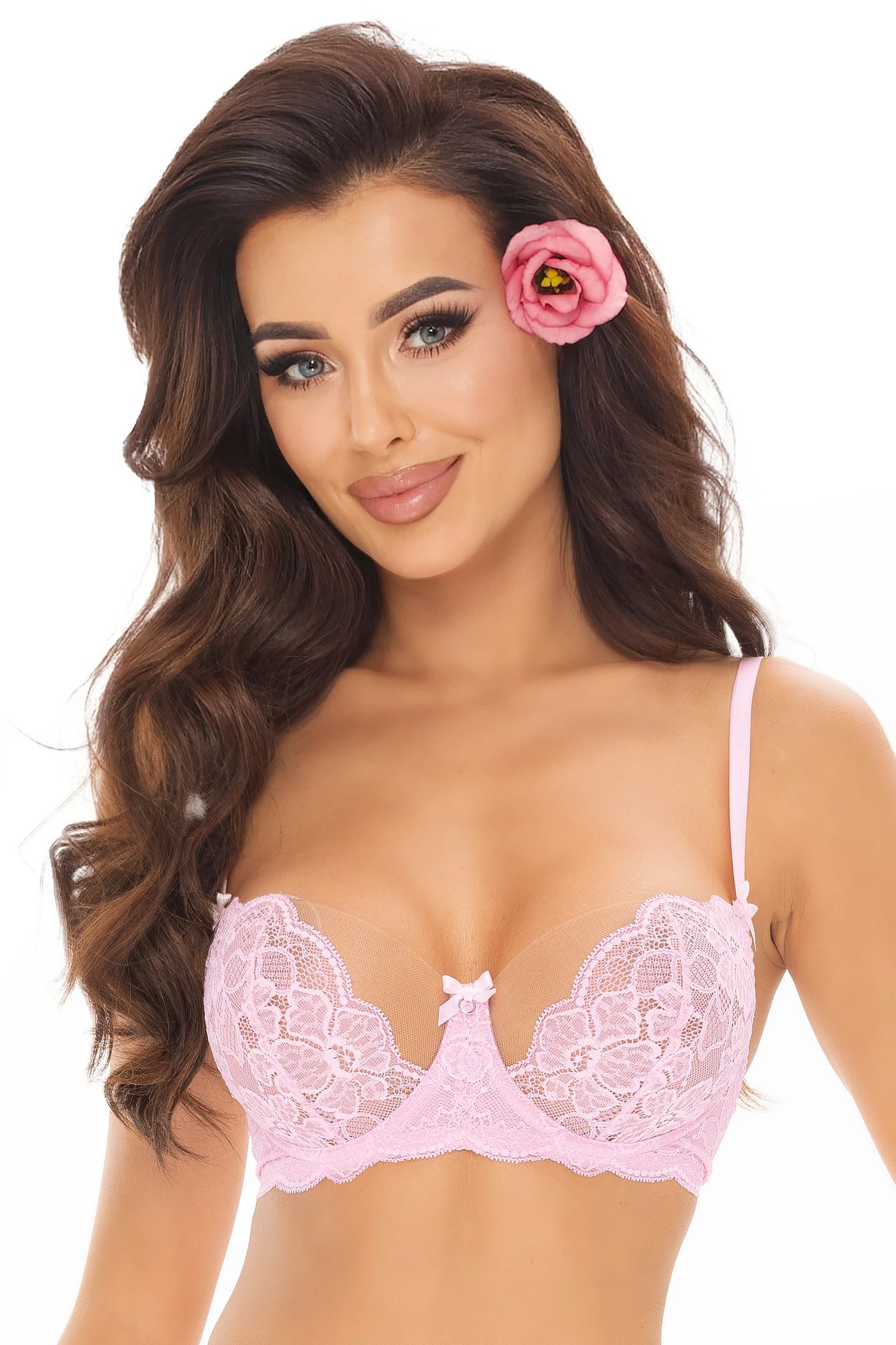 Floral Lace Balconette Bra Axami V-11031 in pink with sheer lace cups and underwire support, featured in Lavinia Lingerie collection.