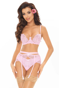 Full lingerie set featuring Axami V-11031 Floral Lace Balconette Bra with matching garter belt and panties in soft pink lace.