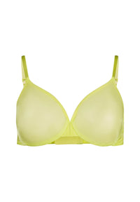 Front product shot of Gossard Glossies Sunny Lime Sheer Bra featuring molded cups and a plunge neckline for invisible support.