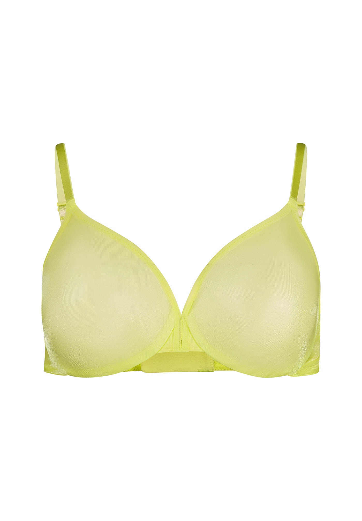 Front product shot of Gossard Glossies Sunny Lime Sheer Bra featuring molded cups and a plunge neckline for invisible support.