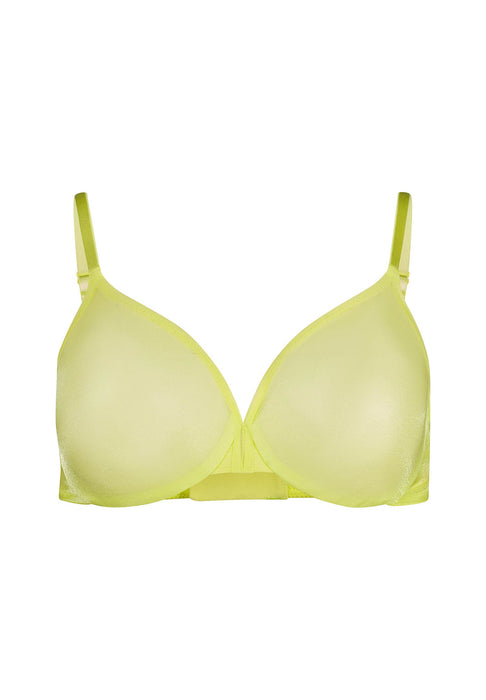 Front product shot of Gossard Glossies Sunny Lime Sheer Bra featuring molded cups and a plunge neckline for invisible support.