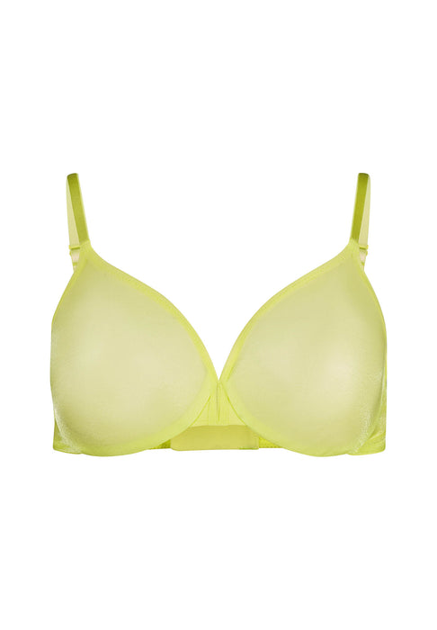Front product shot of Gossard Glossies Sunny Lime Sheer Bra featuring molded cups and a plunge neckline for invisible support.