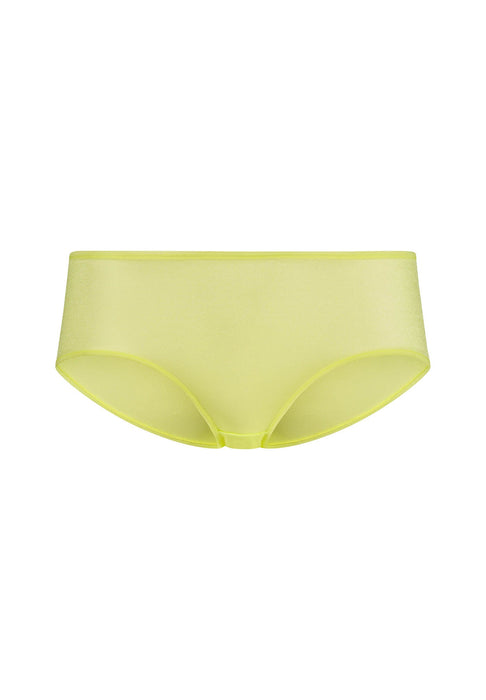 Flat lay front view of Gossard Glossies Sunny Lime Sheer Shorts Panty ATB 6274, showing the smooth, seamless boyshort silhouette.