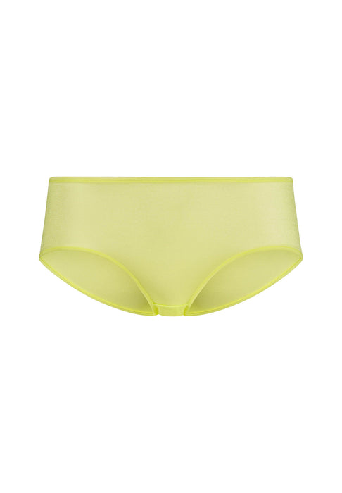 Flat lay front view of Gossard Glossies Sunny Lime Sheer Shorts Panty ATB 6274, showing the smooth, seamless boyshort silhouette.