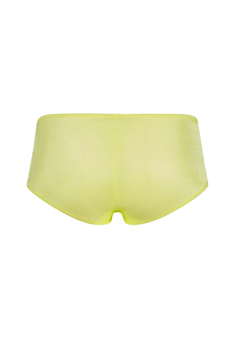 Flat lay back view of Gossard Glossies Sunny Lime Sheer Shorts Panty ATB 6274, highlighting the full rear coverage and soft fabric.