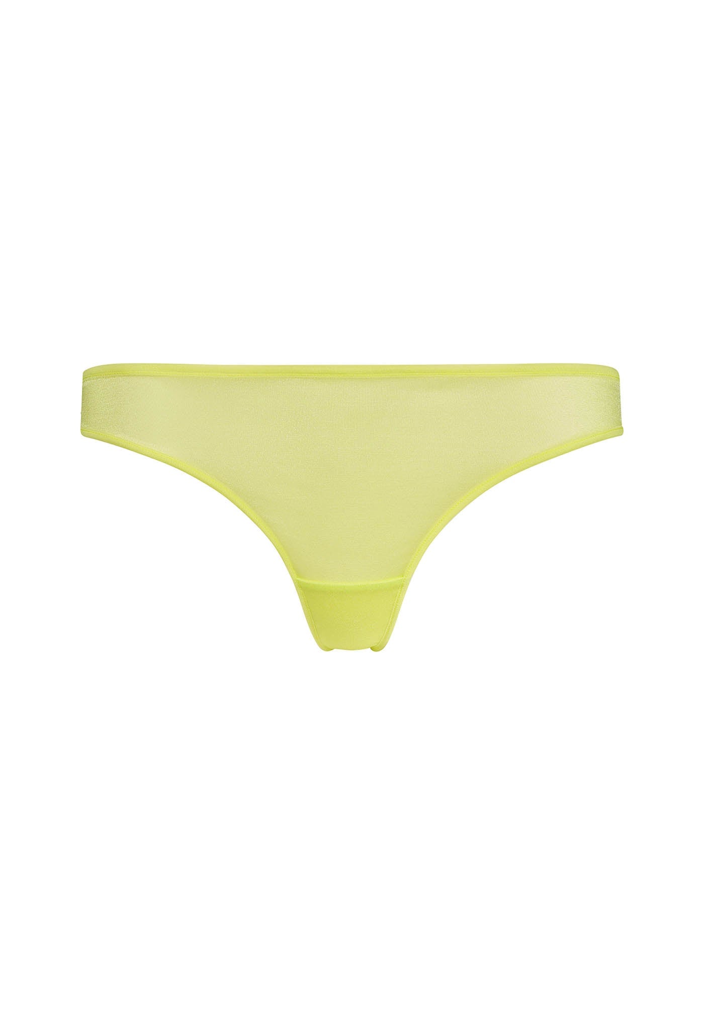 Flat lay front view of Gossard Glossies Sunny Lime Sheer Thong Panty 6276 ATB, designed with sheer mesh and elastic waistband for comfort.
