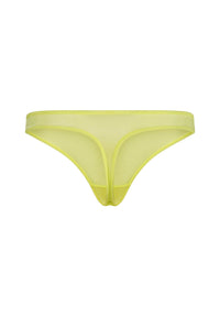 Flat lay back view of Gossard Glossies Sunny Lime Sheer Thong Panty 6276 ATB, featuring minimal coverage and breathable mesh fabric.