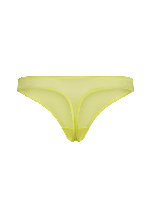 Flat lay back view of Gossard Glossies Sunny Lime Sheer Thong Panty 6276 ATB, featuring minimal coverage and breathable mesh fabric.