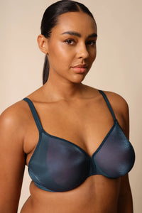 Model wearing Gossard Glossies Shadow Blue Sheer Bra