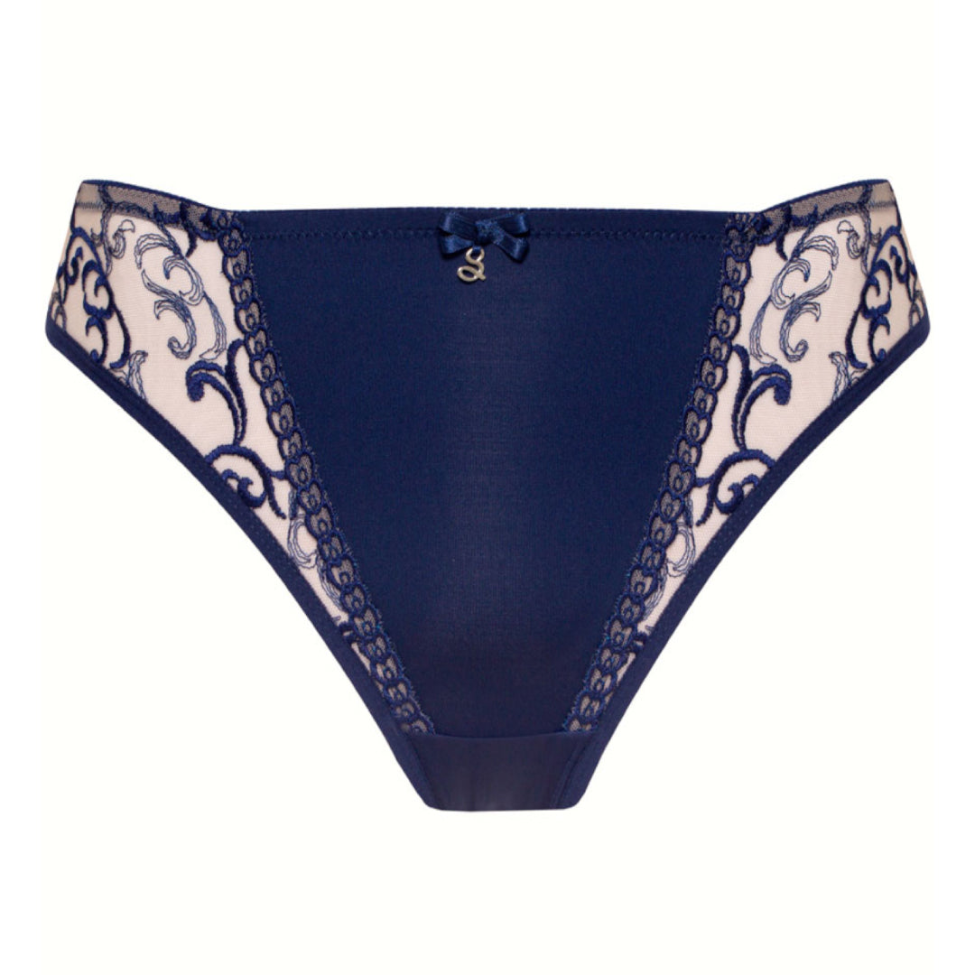 Soft Sheer Mesh Tulle Embroidered Tanga Panty Hazel Navy BLUE
