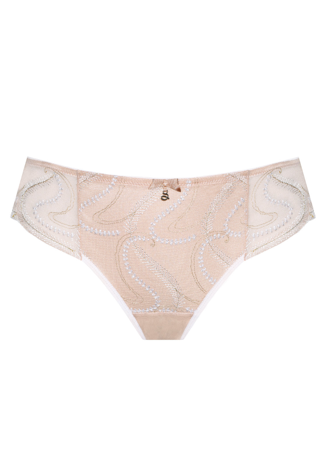 Beige embroidered Brazilian panty with delicate pattern and bow detail