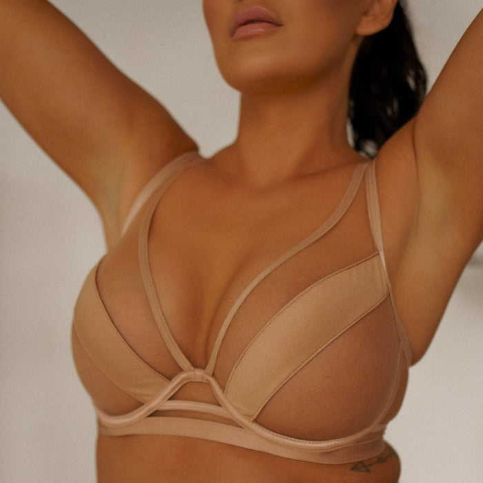 Detailed close-up of Kinga Nude Demi Cup Bra Lou highlighting mesh and satin textures for a luxurious lingerie look.