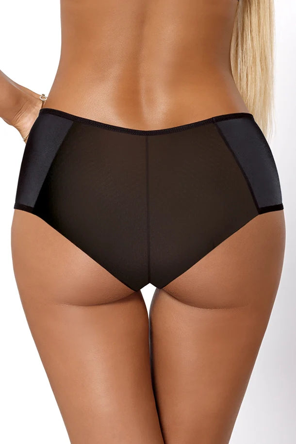 Back view of PariPari Jenny Sheer Embroidered Full Brief Black showing semi-sheer mesh fabric and full coverage design in plus sizes.