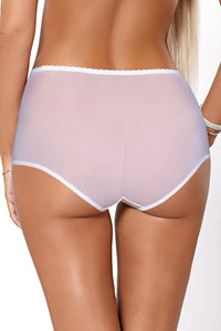 Back view of PariPari Jenny high-waist panty in white, featuring soft sheer mesh fabric for breathable comfort and full coverage.