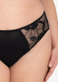 Samanta Kendall Semi-Sheer Mid-Rise Brief Panty B400 in black with floral embroidery and mesh panels for a stylish, no VPL lingerie look.