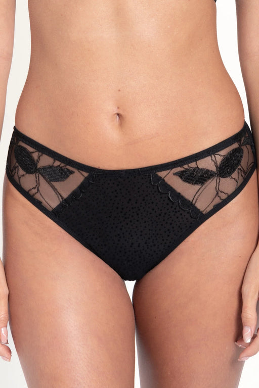 Samanta Kendall Semi-Sheer Mid-Rise Brief Panty B400 in black with floral embroidery and flocked detailing for a stylish, no VPL lingerie look.