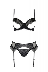 Open Cup Bra Garter Belt String Set Black Intimates