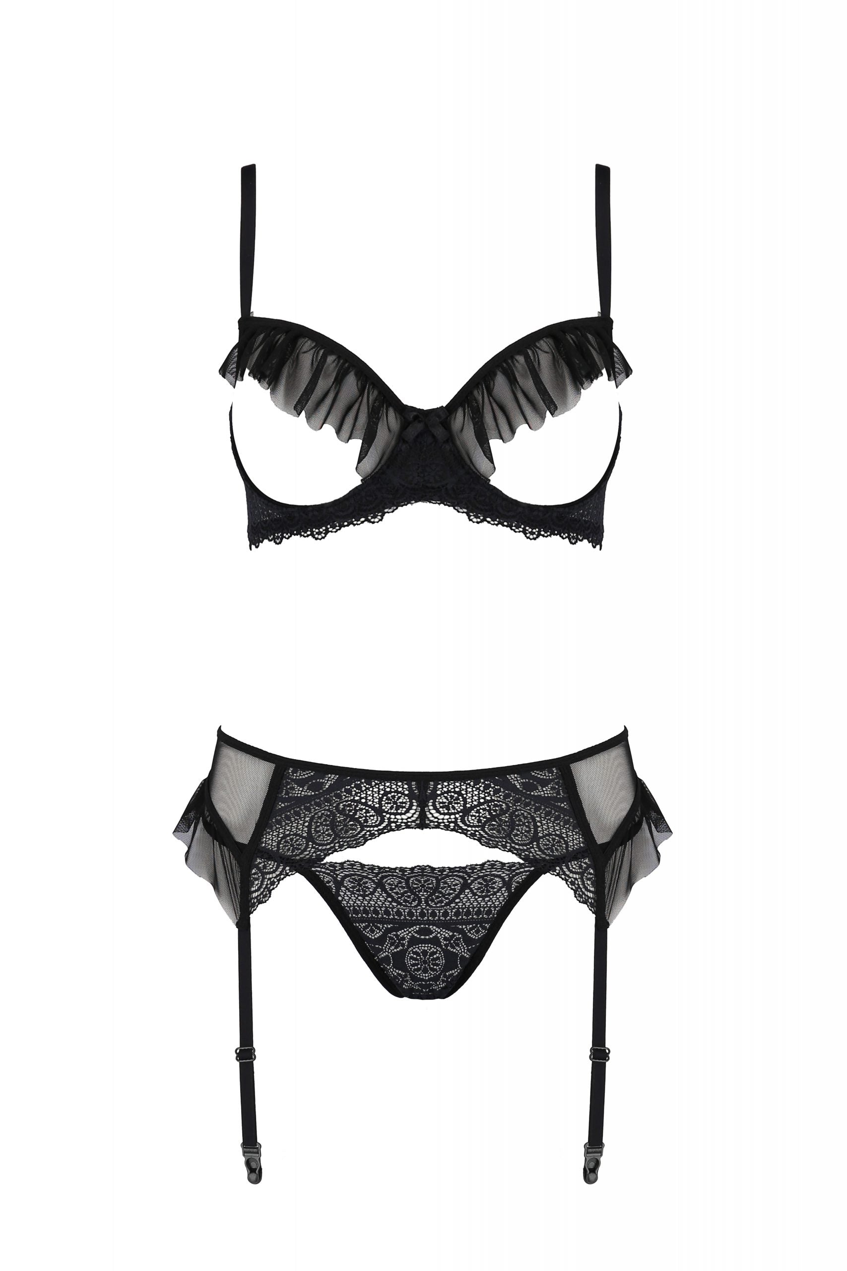 Open Cup Bra Garter Belt String Set Black Intimates