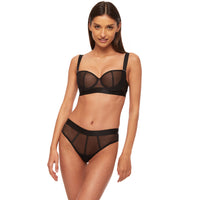 Sexy Sheer Mesh Balconette Bra & Transparent Tanga Panty Kinga Mist Black Lingerie Set