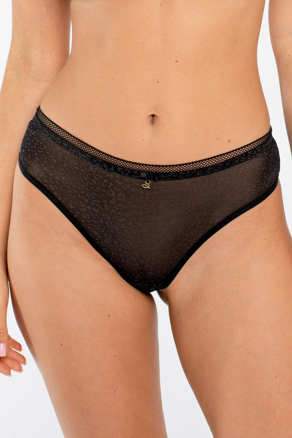 Samanta Leo Black Semi-Sheer Tulle Thong Panty