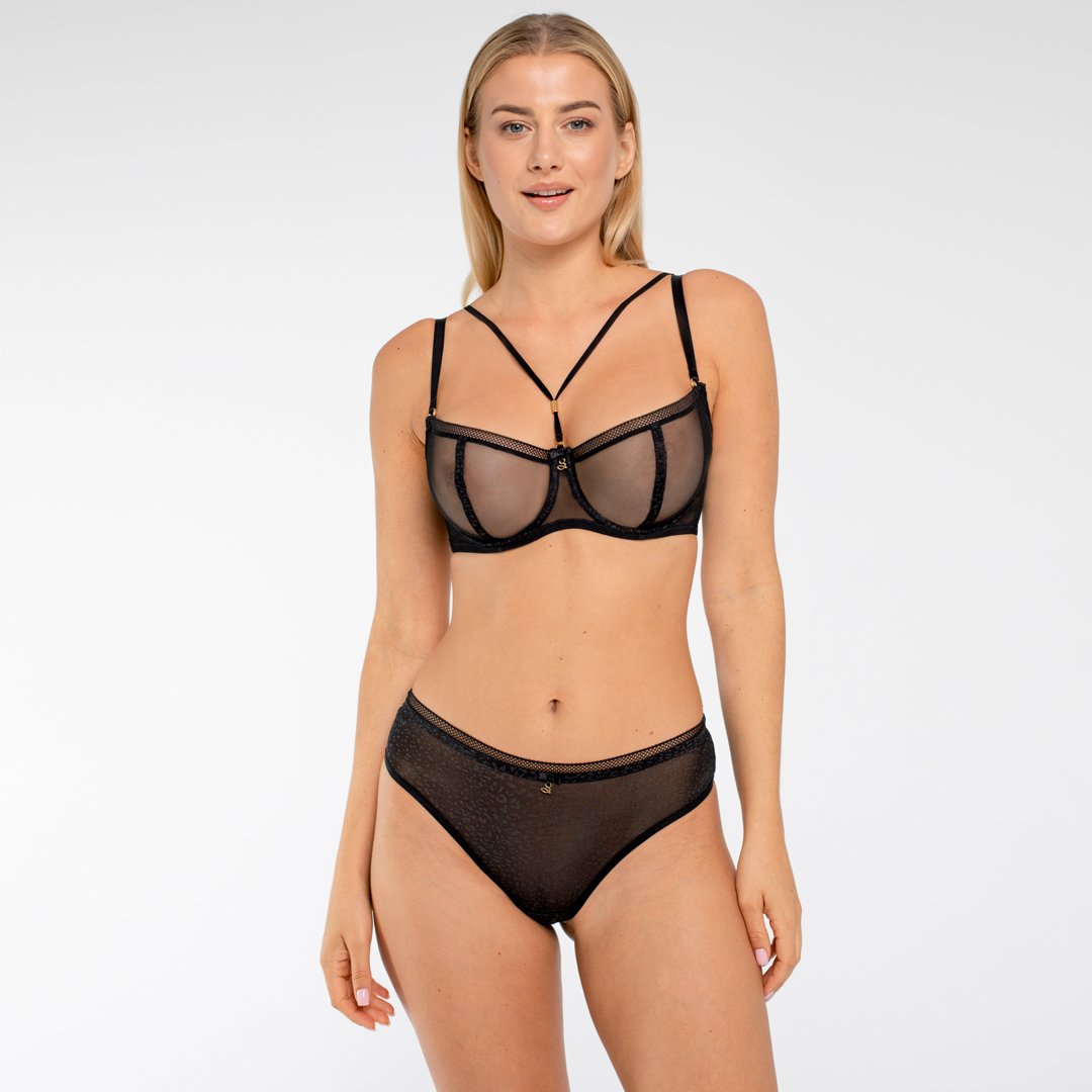 Samanta Leo Black Semi-Sheer Tulle Thong Panty