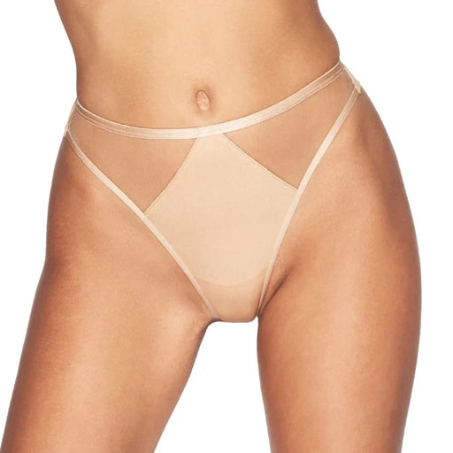 Invisible Soft Thong Panty Kinga Lou Nude offers seamless nude design with sheer mesh panels, ideal for invisible wear under tight clothing.