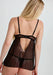 Rear view of Sheer Scallop Babydoll Blush Lulu showcasing sheer mesh fabric, open back cutout, and pink satin bow for a seductive finish.