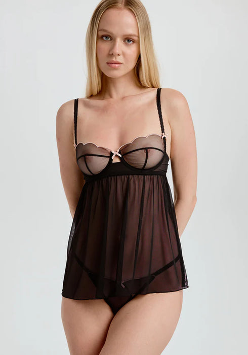 Sheer Scallop Babydoll Blush Lulu in black mesh with scalloped cups, underwire support, and satin bows, ideal for elegant loungewear styling.