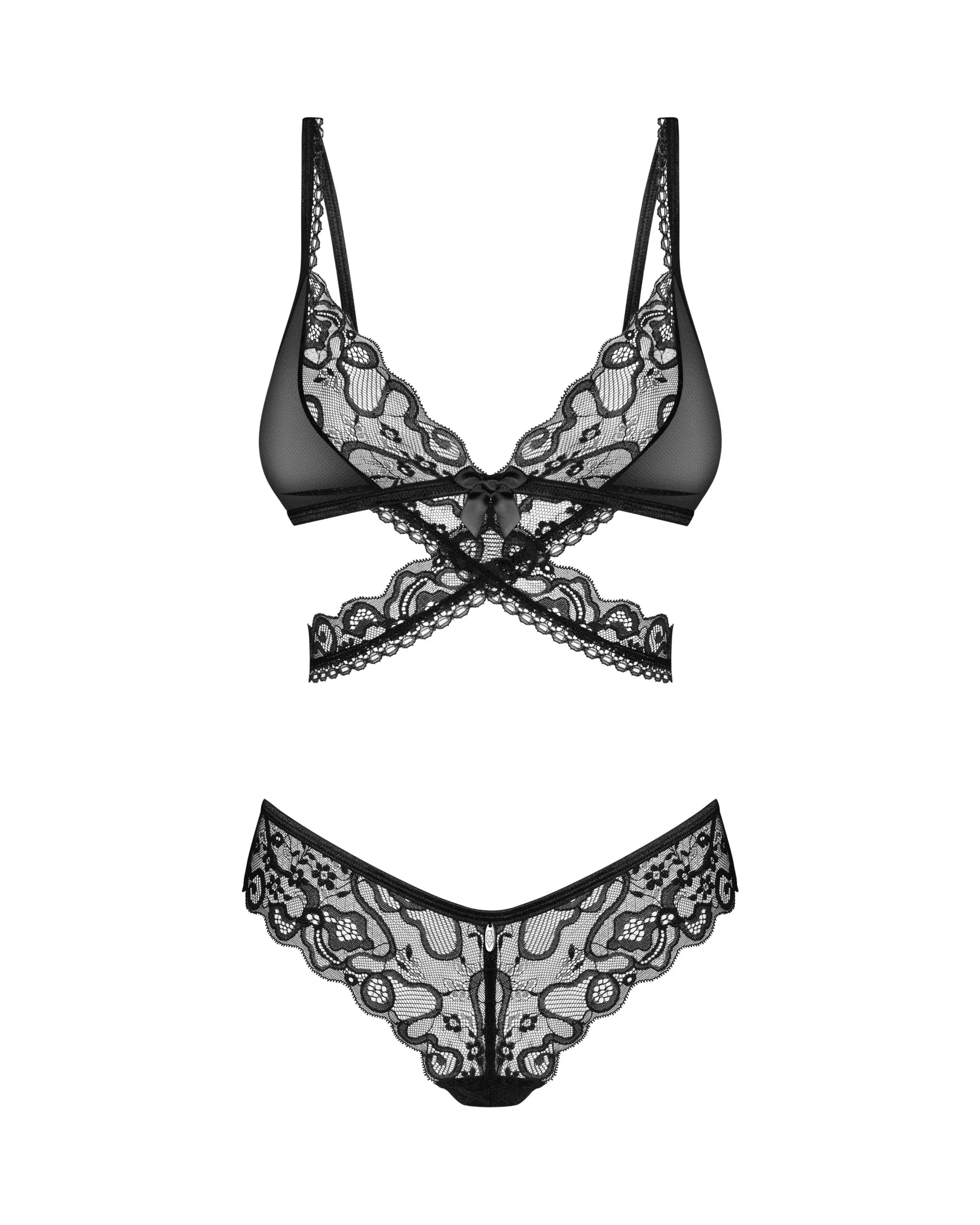 Flat lay of Obsessive Blomentis Soft Lace Bra & Thong Set highlighting sheer lace fabric and wireless bra structure.