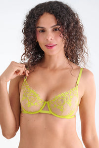 Yellow lace lingerie set with sheer cups and adjustable straps