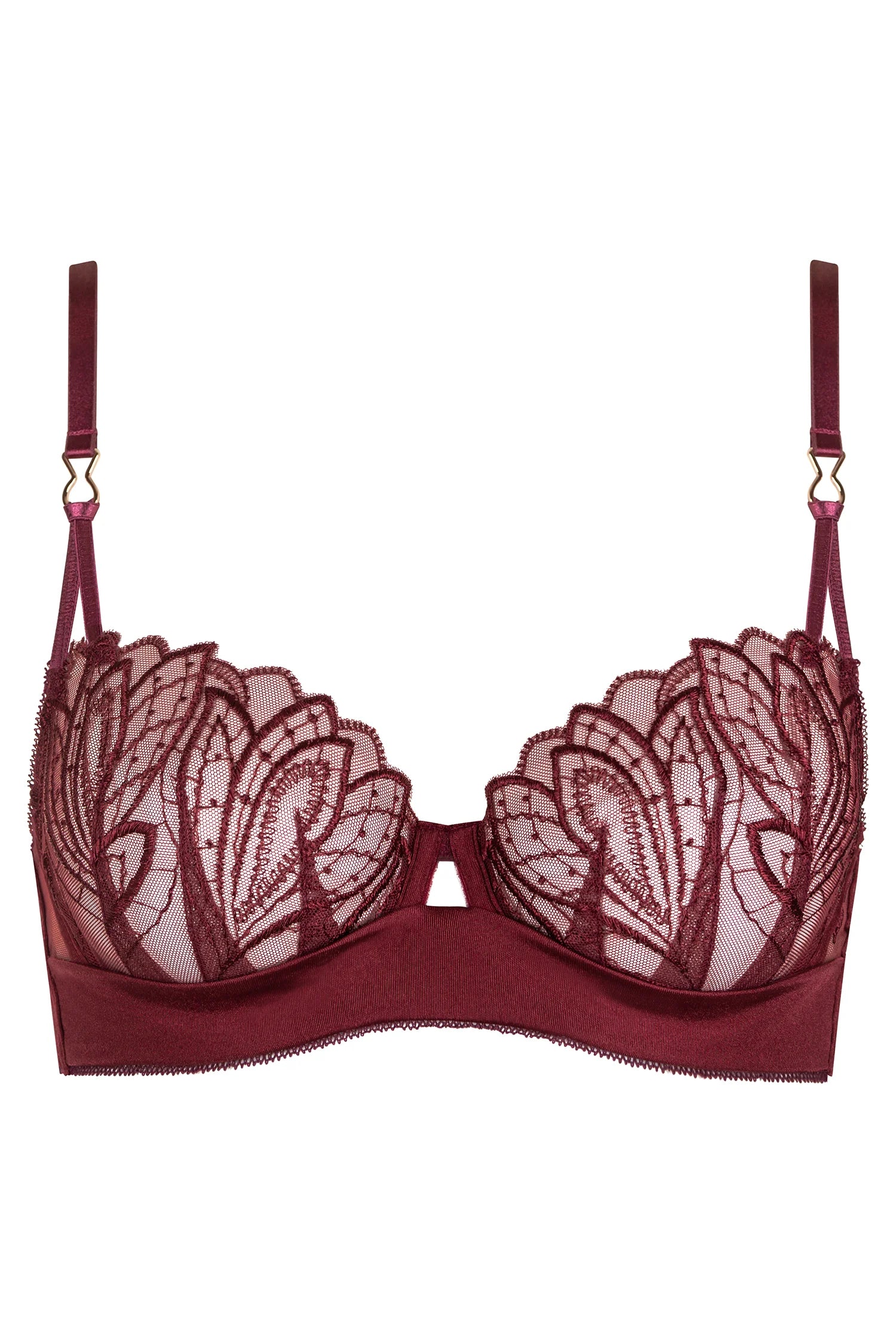Model wearing Garnet Red lace underwire bra with back view