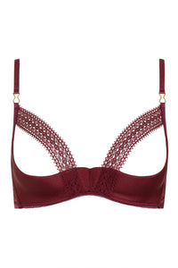 Close-up of lace detailing on Garnet Red open cup bra with sheer mesh accents