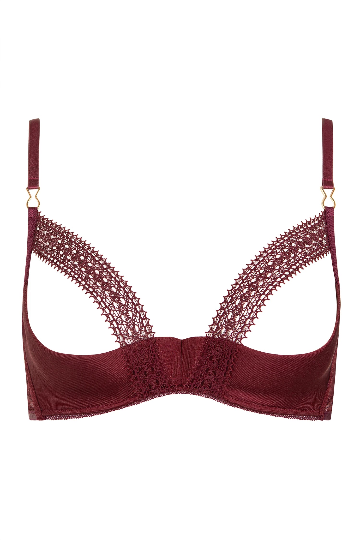 Close-up of lace detailing on Garnet Red open cup bra with sheer mesh accents