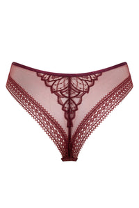 Model wearing garnet red lace lingerie top with floral embroidery