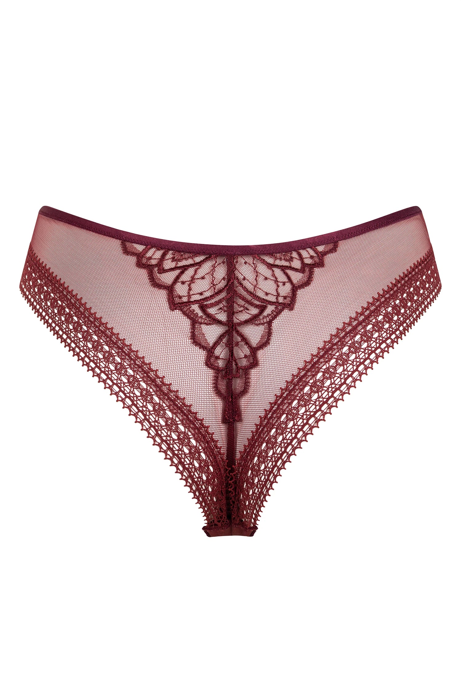 Model wearing garnet red lace lingerie top with floral embroidery