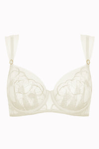 Close-up of ivory lace bra cups with floral embroidery and underwire support
