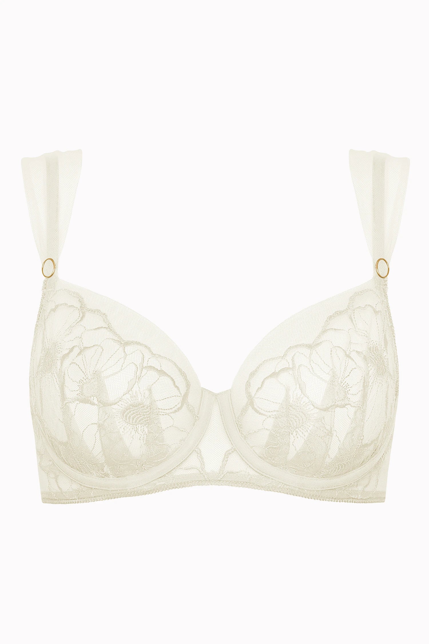 Close-up of ivory lace bra cups with floral embroidery and underwire support