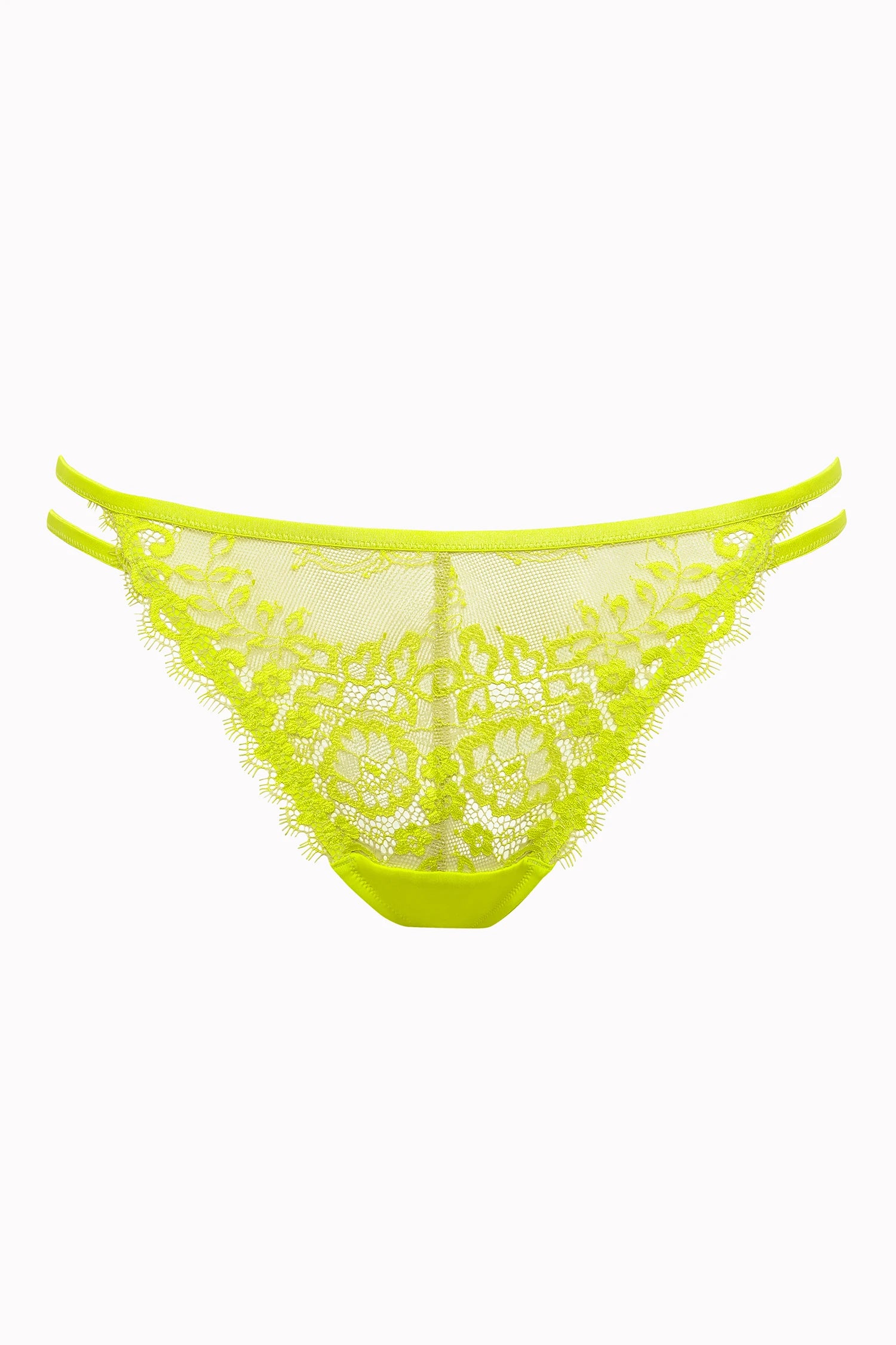 Model wearing yellow lace lingerie set with sheer bra and matching thong