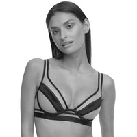 Front view of Kinga Lou Pink invisible mesh bra in black and white, highlighting the demi cup structure and strappy design.